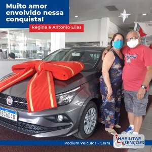 <p>O processo de isenção de impostos foi concluído e o casal Regina e Antônio Elias está super feliz com o seu Fiat Cronos 0km  comprado na Podium Veículos da Serra!</p>

<p>E você, PCD? Faça igual o casal Regina e o Antônio Elias!</p>

<p>Entre em contato com a HABILITAR ISENÇÕES!</p>